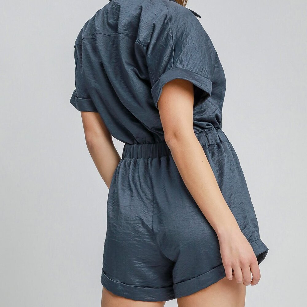 Umgee Button Down Charmeuse Romper - Navy - Picture 3 of 4